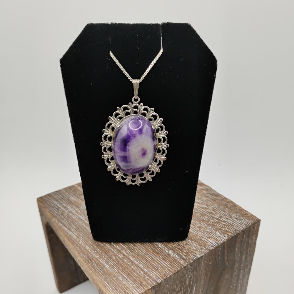 Amethyst Cabochon Polished and Bezel set in Sterling Silver on 20-inch Box Chain